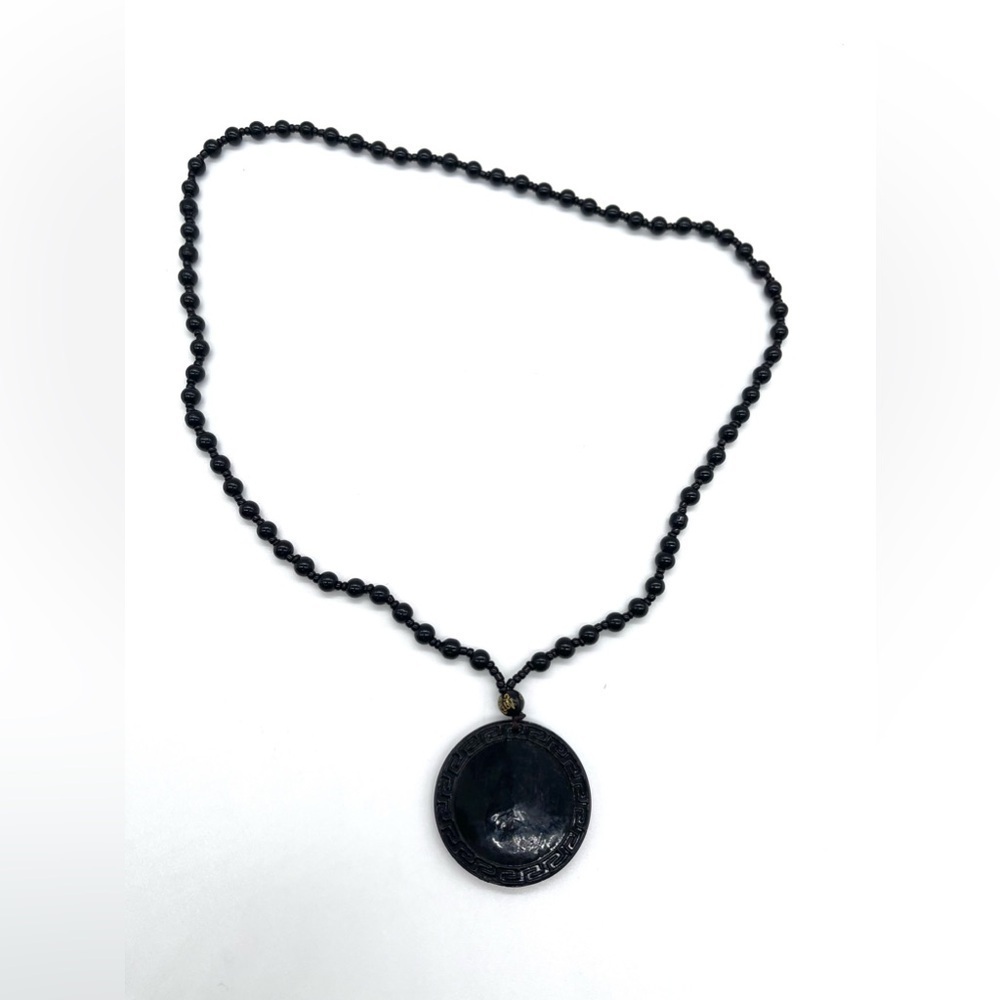 Long Necklace Obsidian With Asian Design 24 inches Length